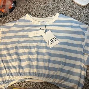 Zara Croppes Blue Striped T-Shirt With Tags